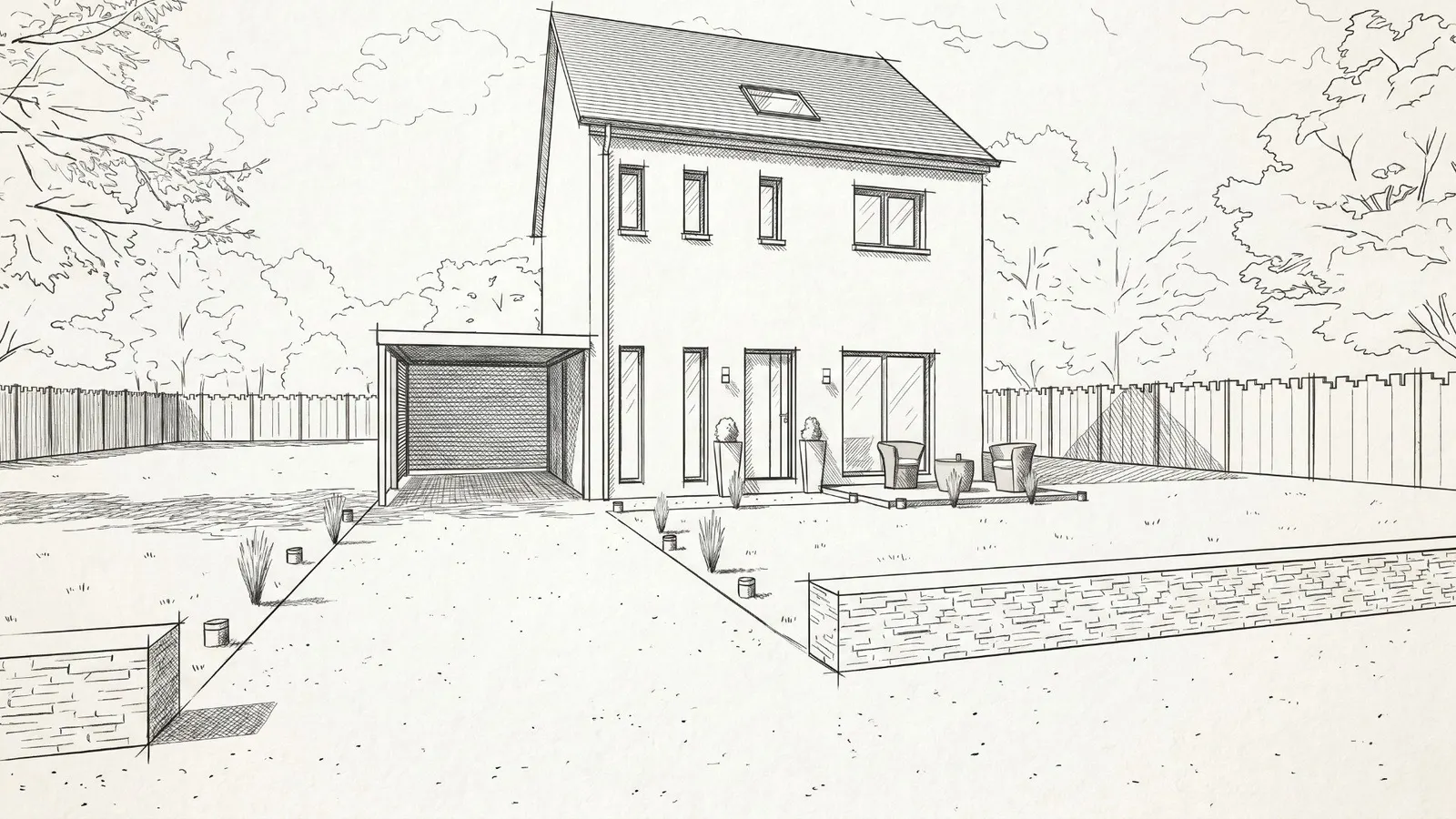 Croquis d'une maison à étage avec combles, carport et terrasse