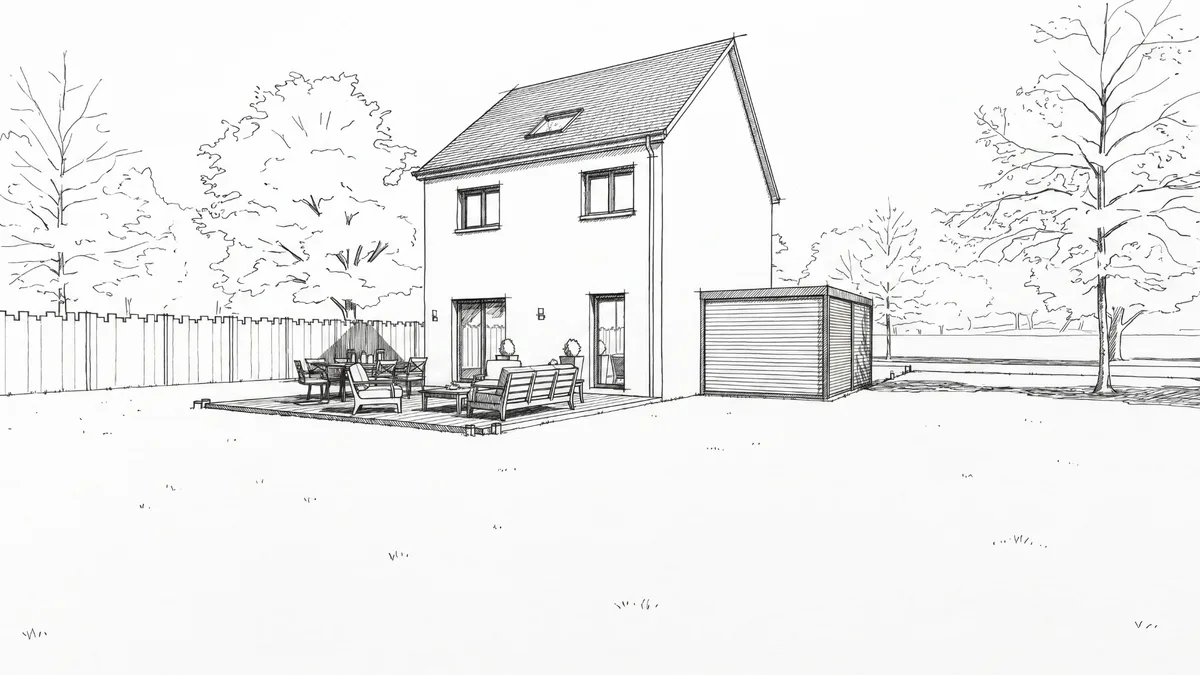 Croquis d'une maison à étage avec terrasse et annexe indépendante dans le jardin