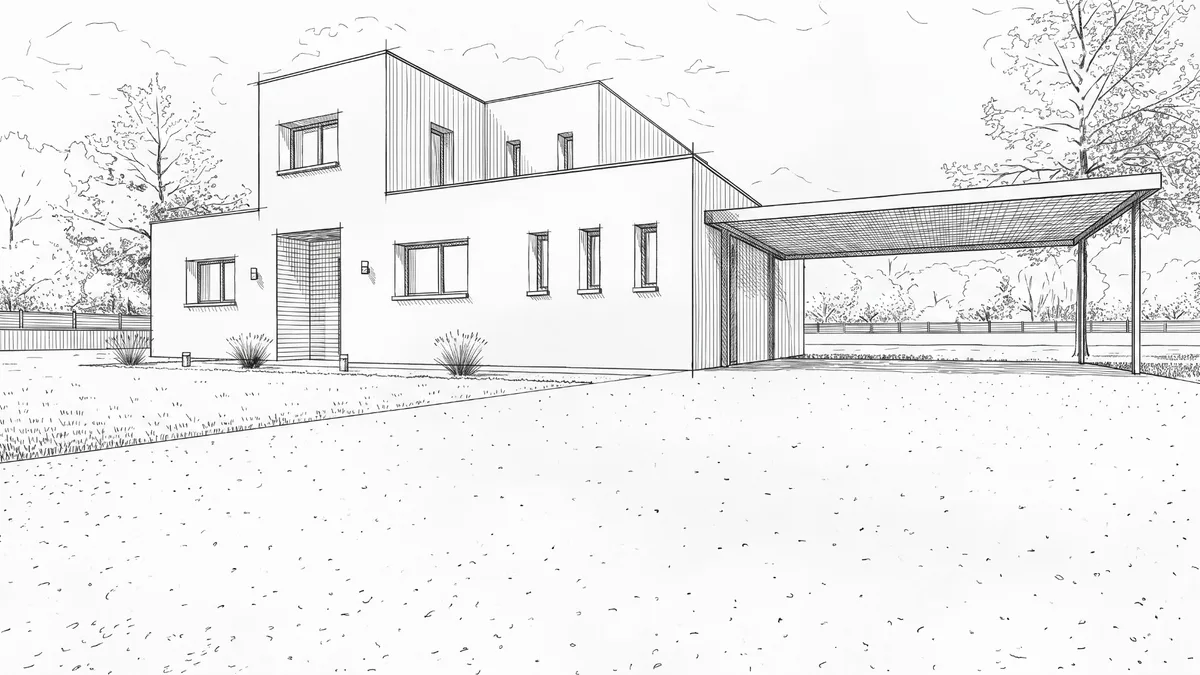 Croquis d'une maison contemporaine sur deux niveaux avec carport