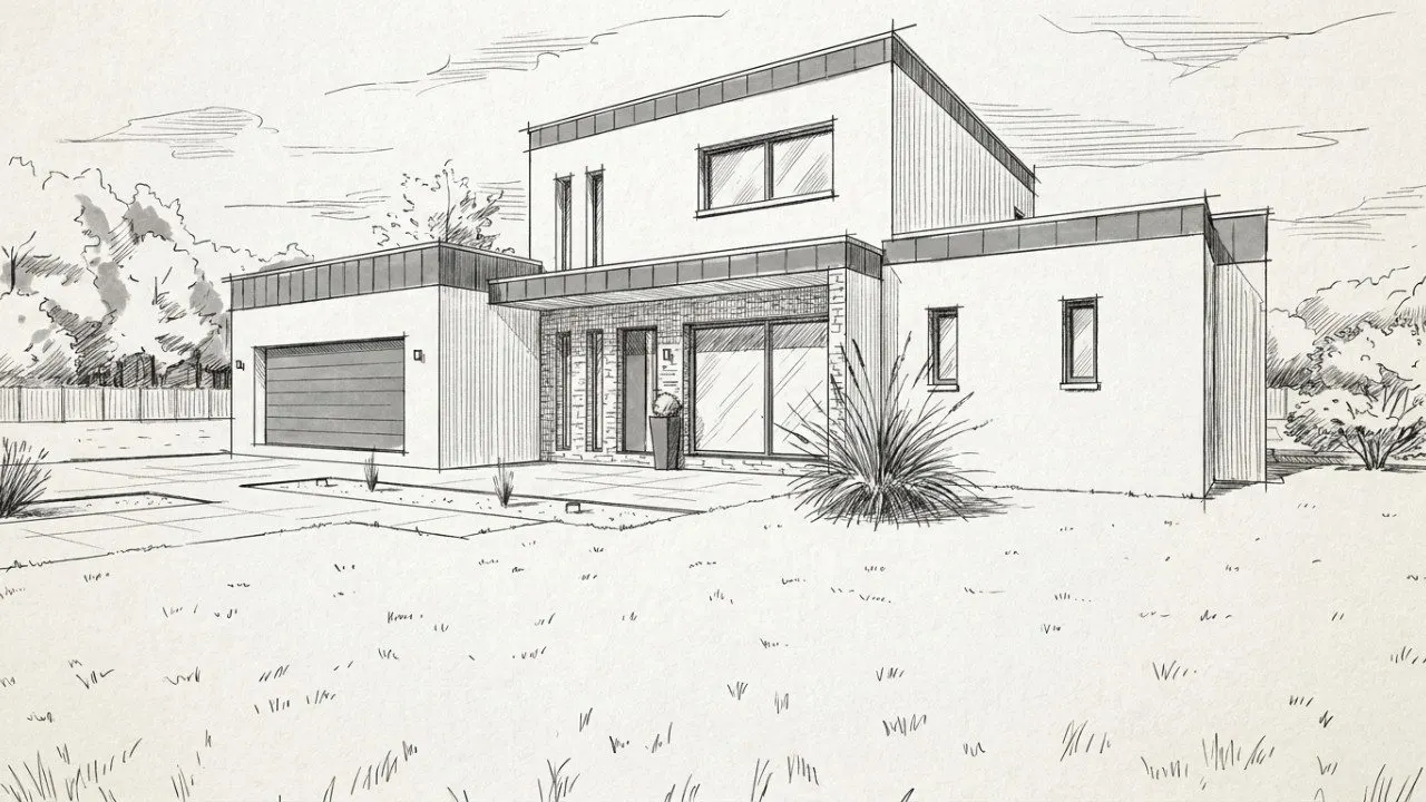Croquis d'une maison contemporaine à étage et toits plats, avec garage double