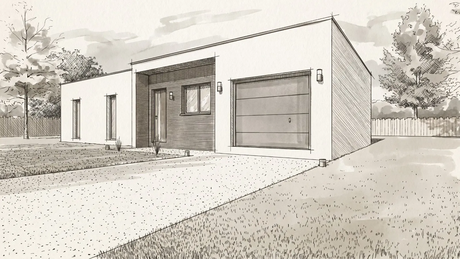 Croquis d'une maison contemporaine de plain-pied à toit plat, avec garage et entrée bardée de bois