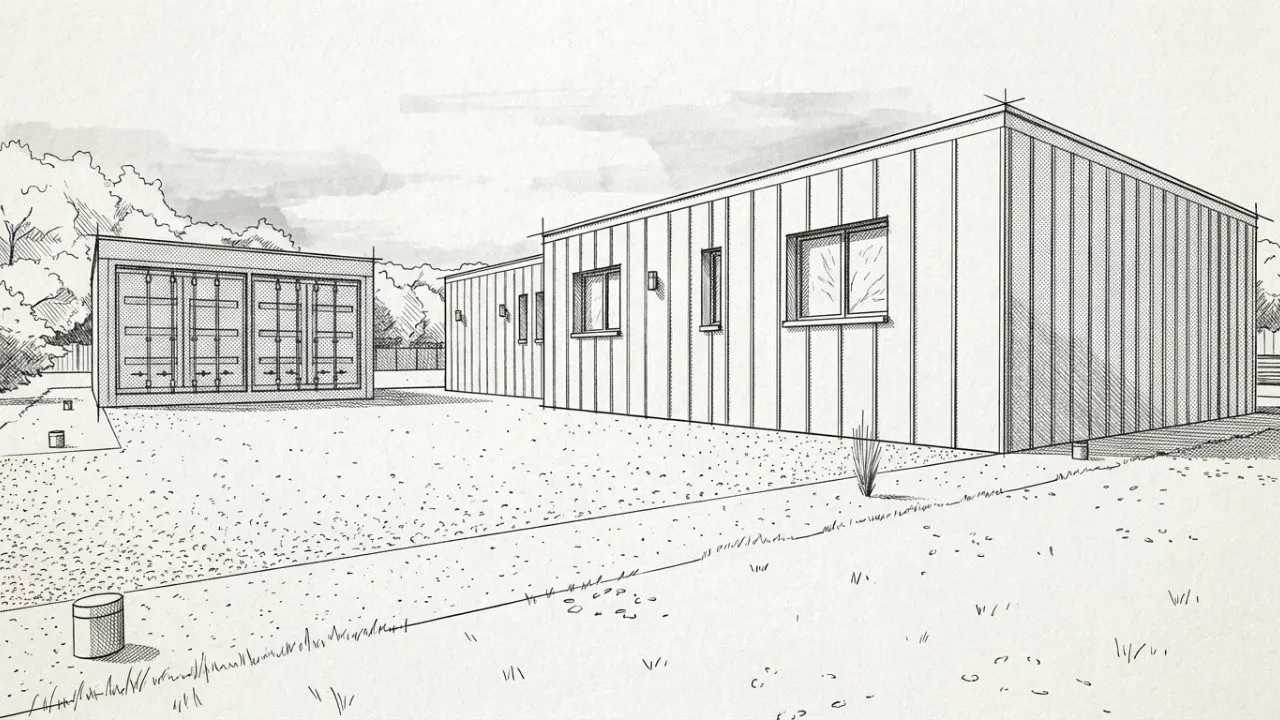 Croquis d'une maison à bardage vertical et d'un module conteneur au fond de la parcelle