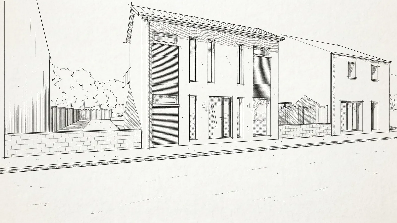 Croquis d'une maison de ville à étage alignée sur la rue