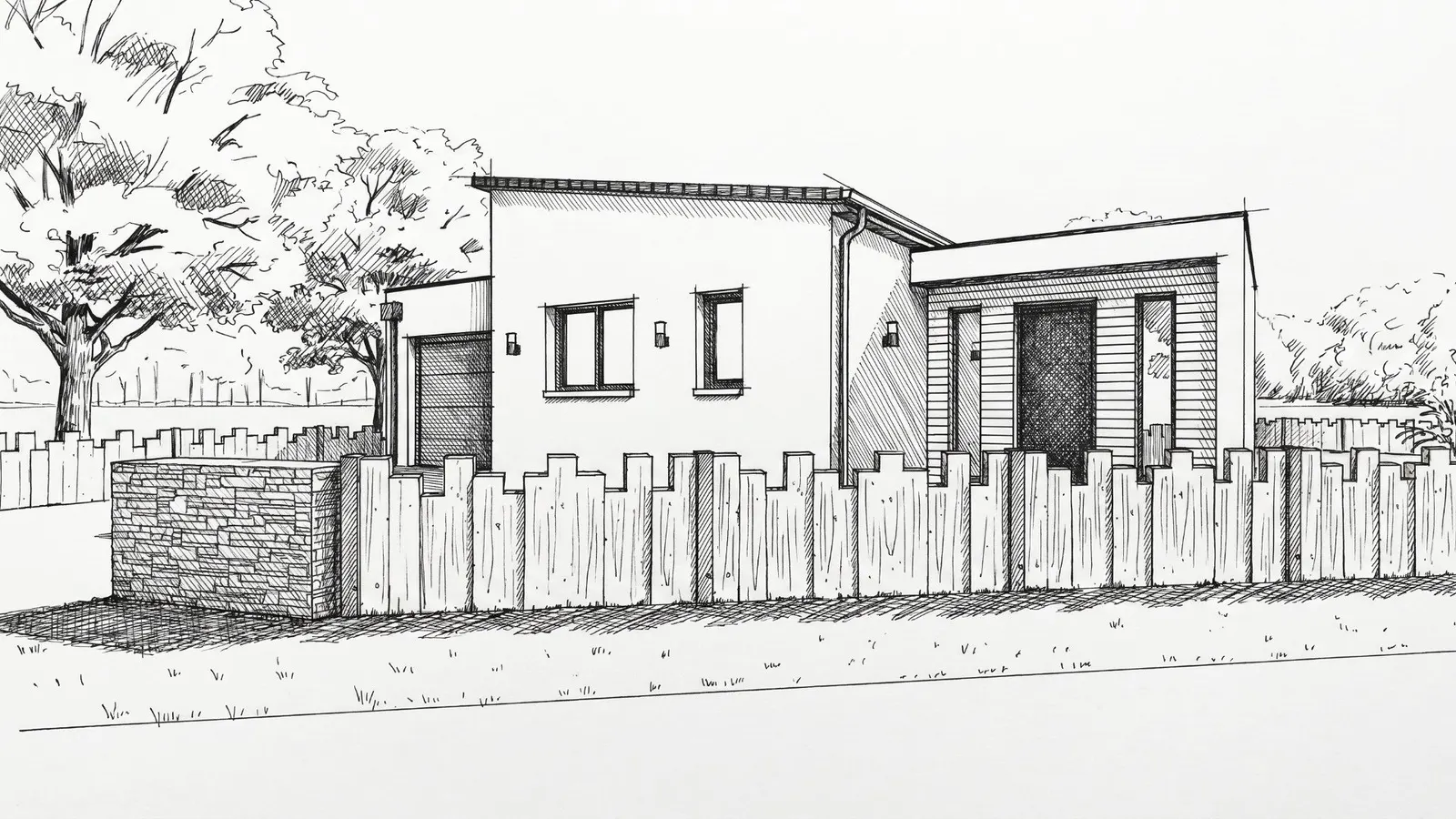 Croquis d'une maison moderne à toits plats vue depuis la rue, derrière une clôture en bois