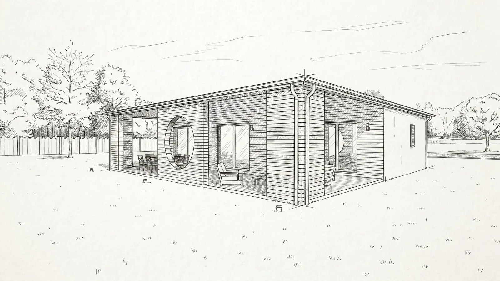 Croquis d'une maison de plain-pied à bardage bois, avec terrasse couverte et ouverture ronde