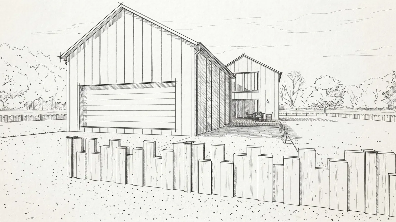 Croquis d'une maison à pignons en bardage vertical, avec garage et terrasse, derrière une clôture en bois
