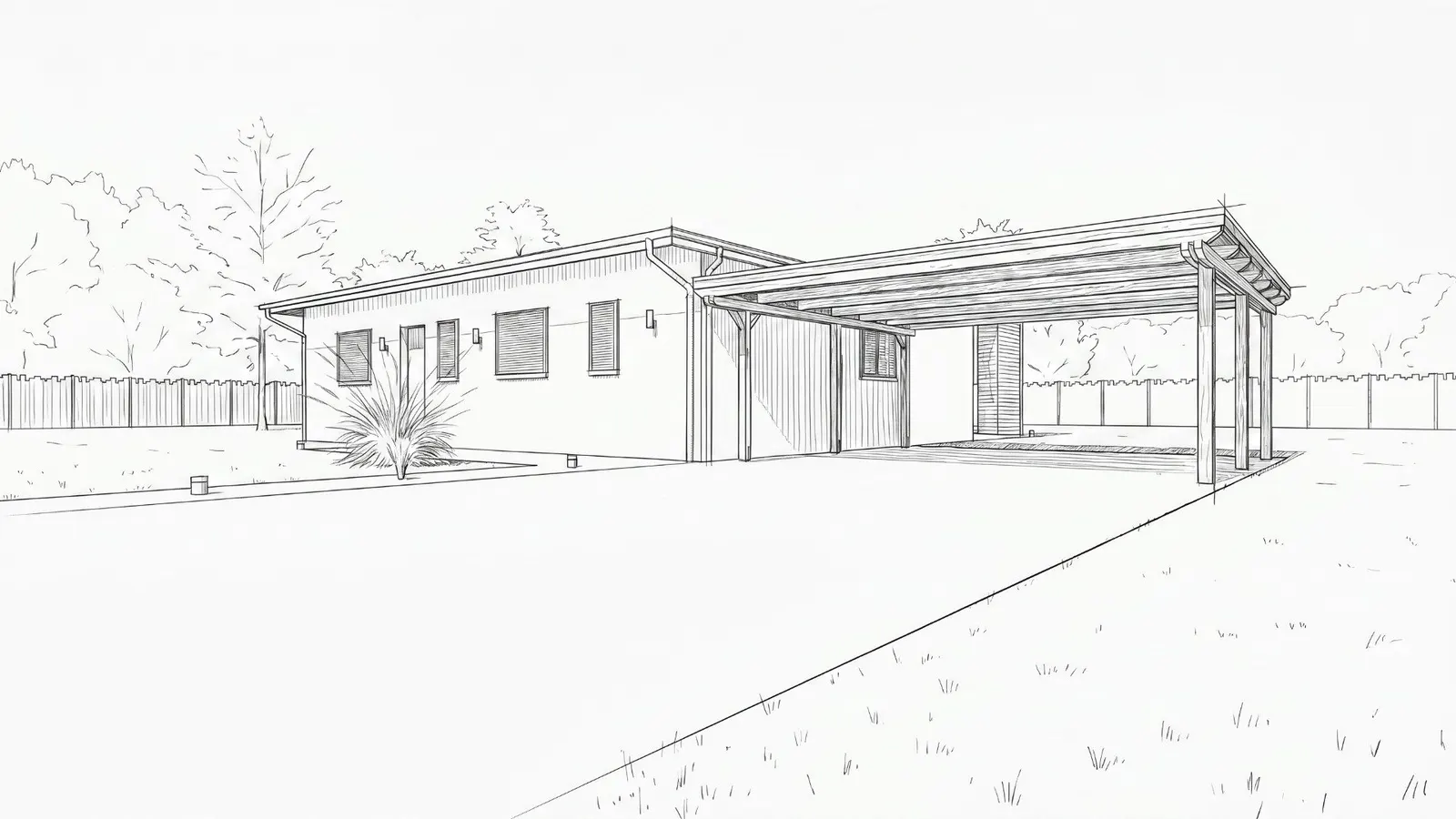 Croquis d'une maison de plain-pied prolongée par une pergola en bois