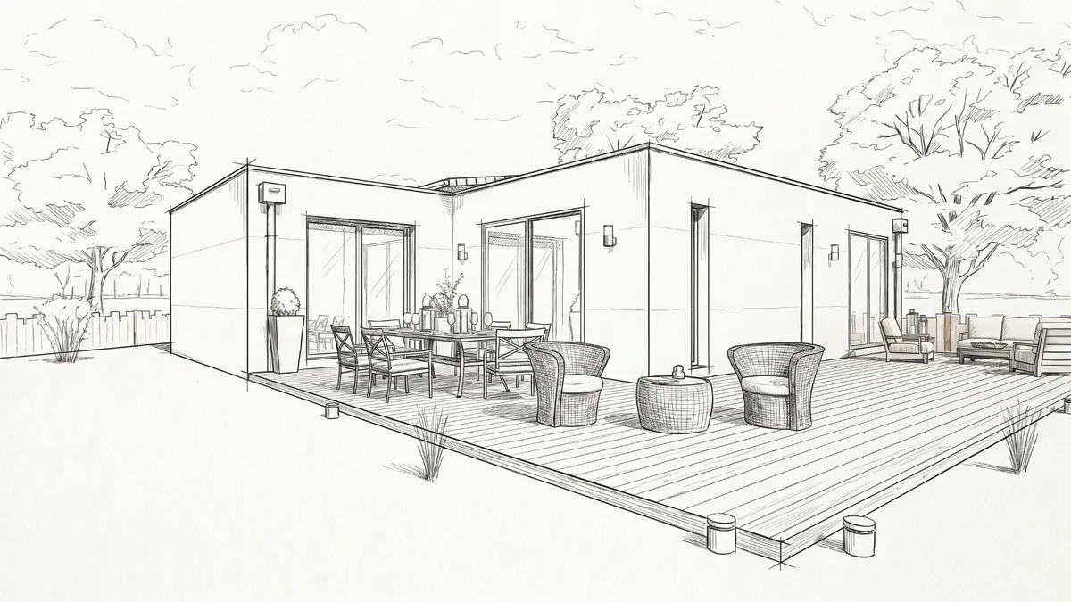 Croquis d'une maison de plain-pied à toit plat avec grande terrasse en bois