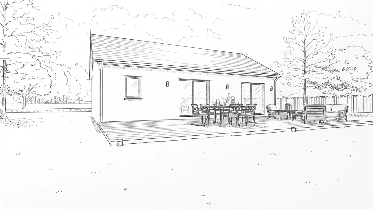 Croquis d'un volume de plain-pied avec terrasse en bois et baies vitrées
