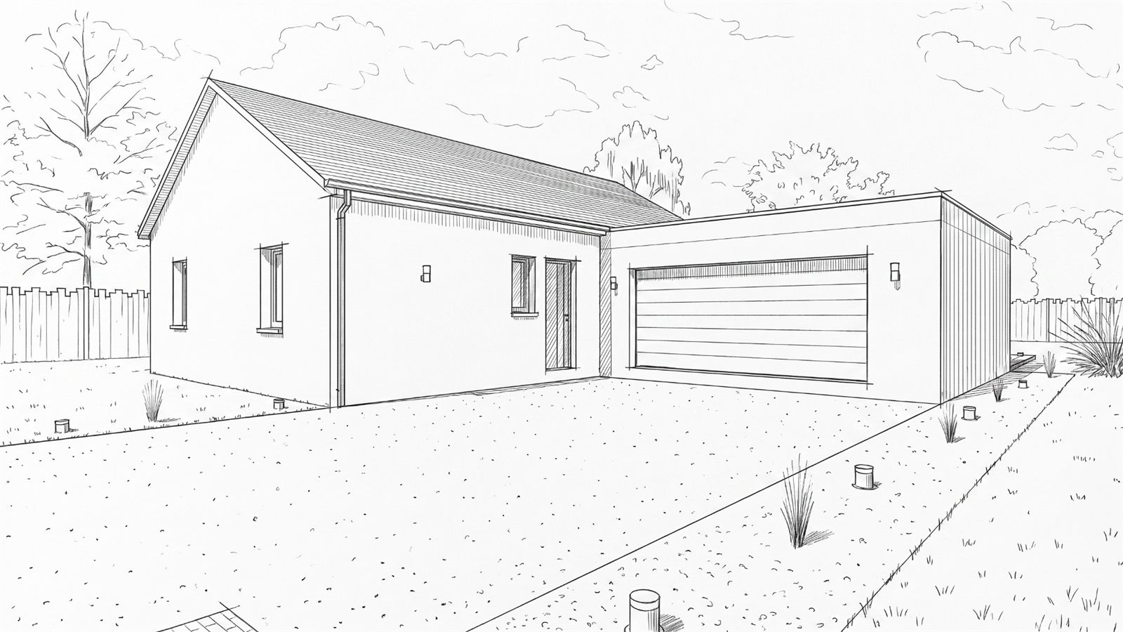 Maison à combles aménagés avec toiture à deux pans et garage