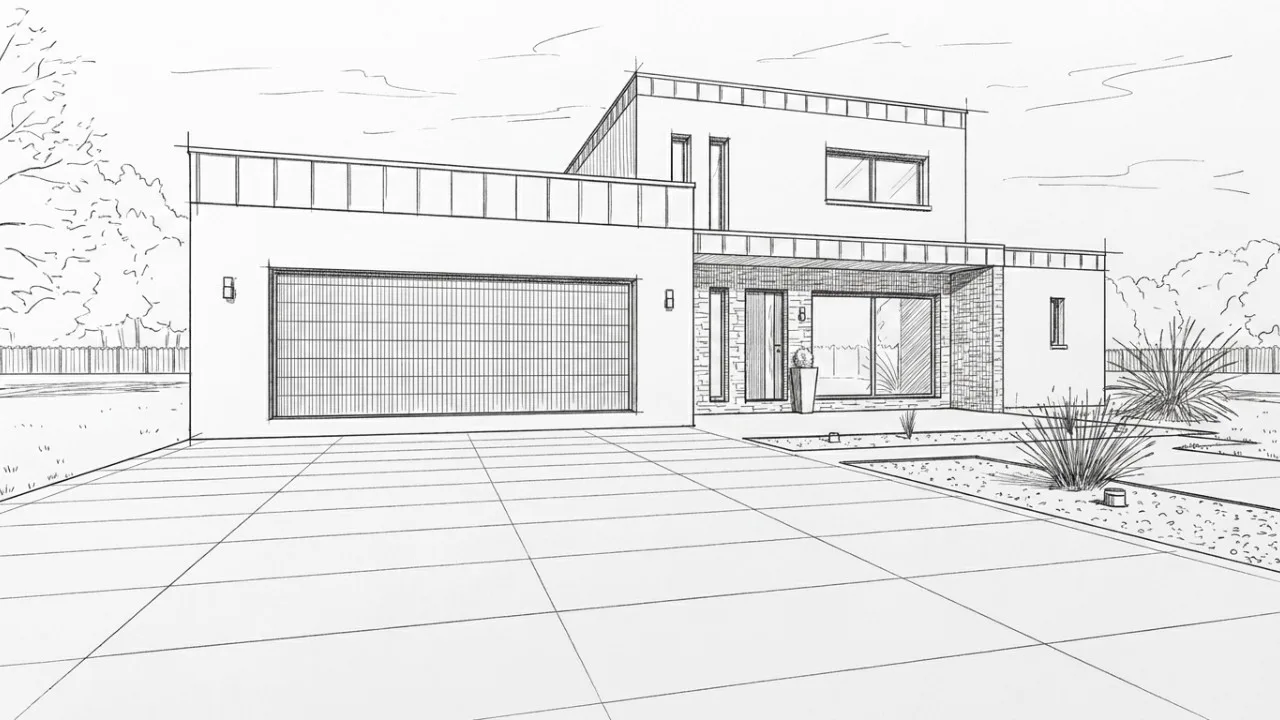 Maison cubique avec garage double intégré et parement pierre, façade avant vue depuis l'accès