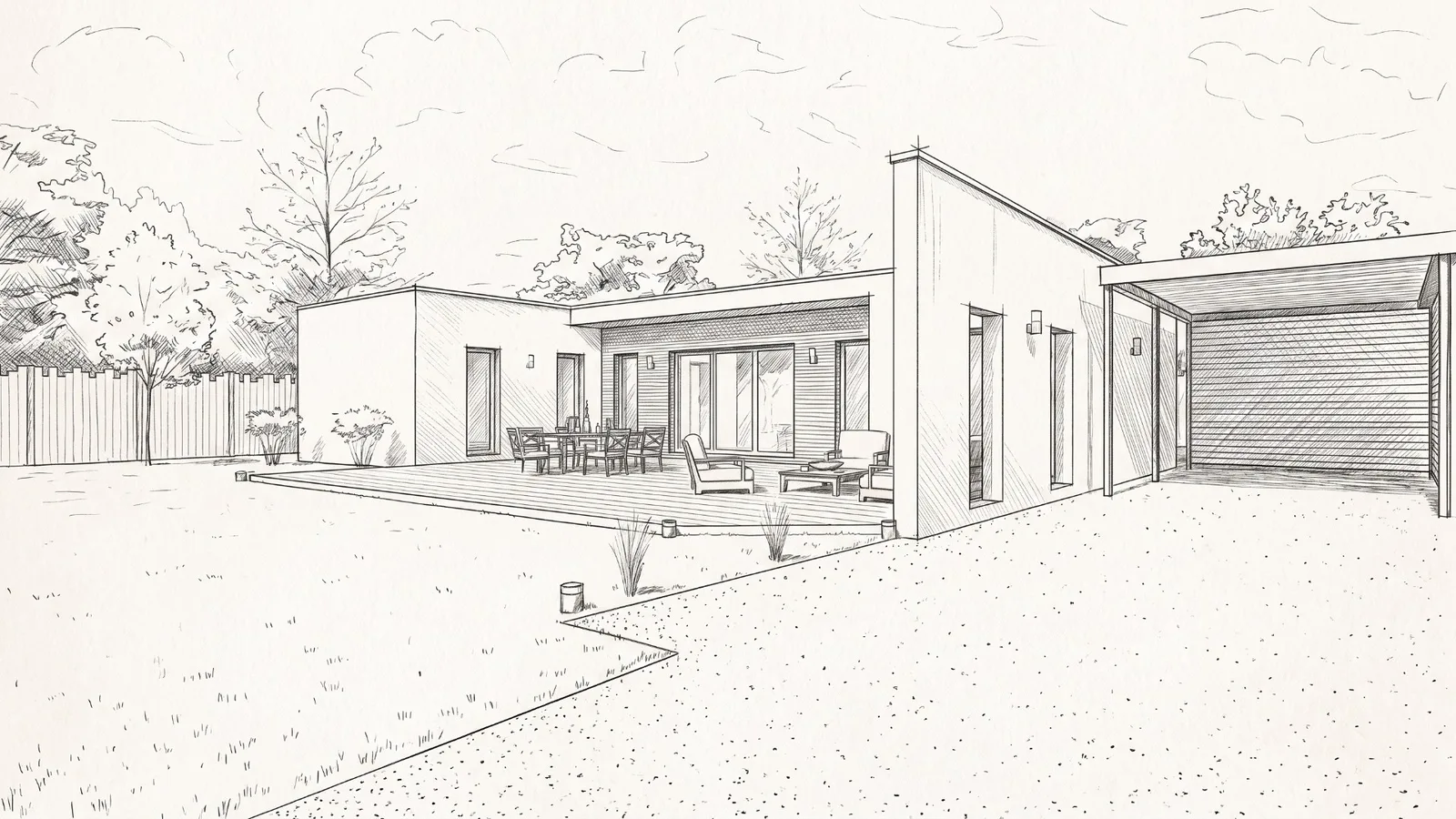 Maison cubique à toit plat près de Nantes, croquis de projet