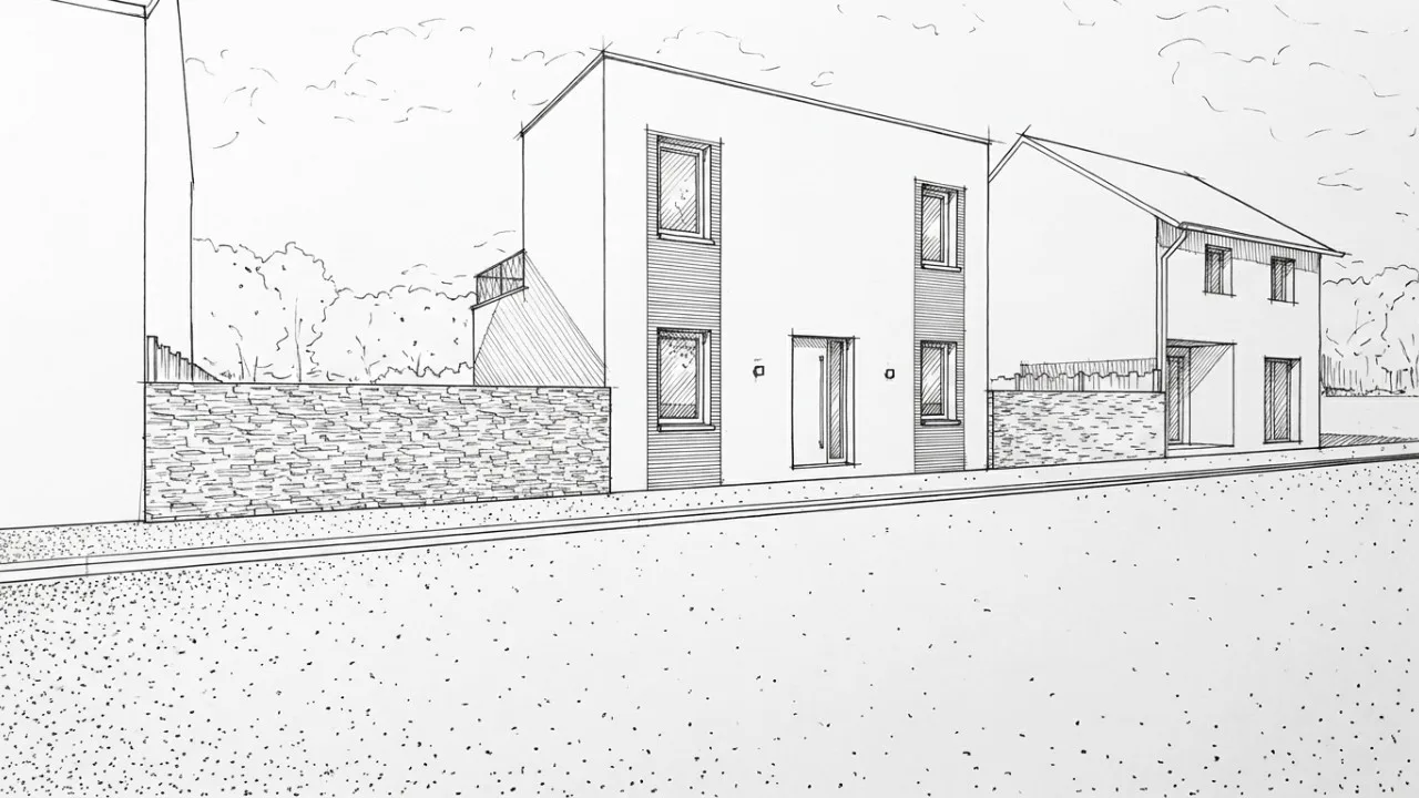Maison contemporaine compacte à toiture en pente vue depuis la rue, alternative au toit plat en secteur réglementé