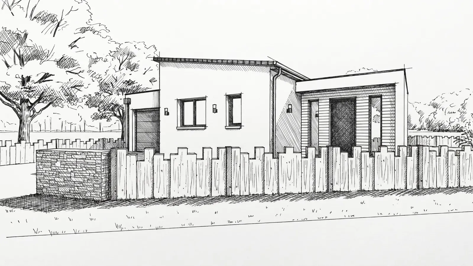 Croquis de la maison moderne à Nantes : façade sur rue aux lignes contemporaines