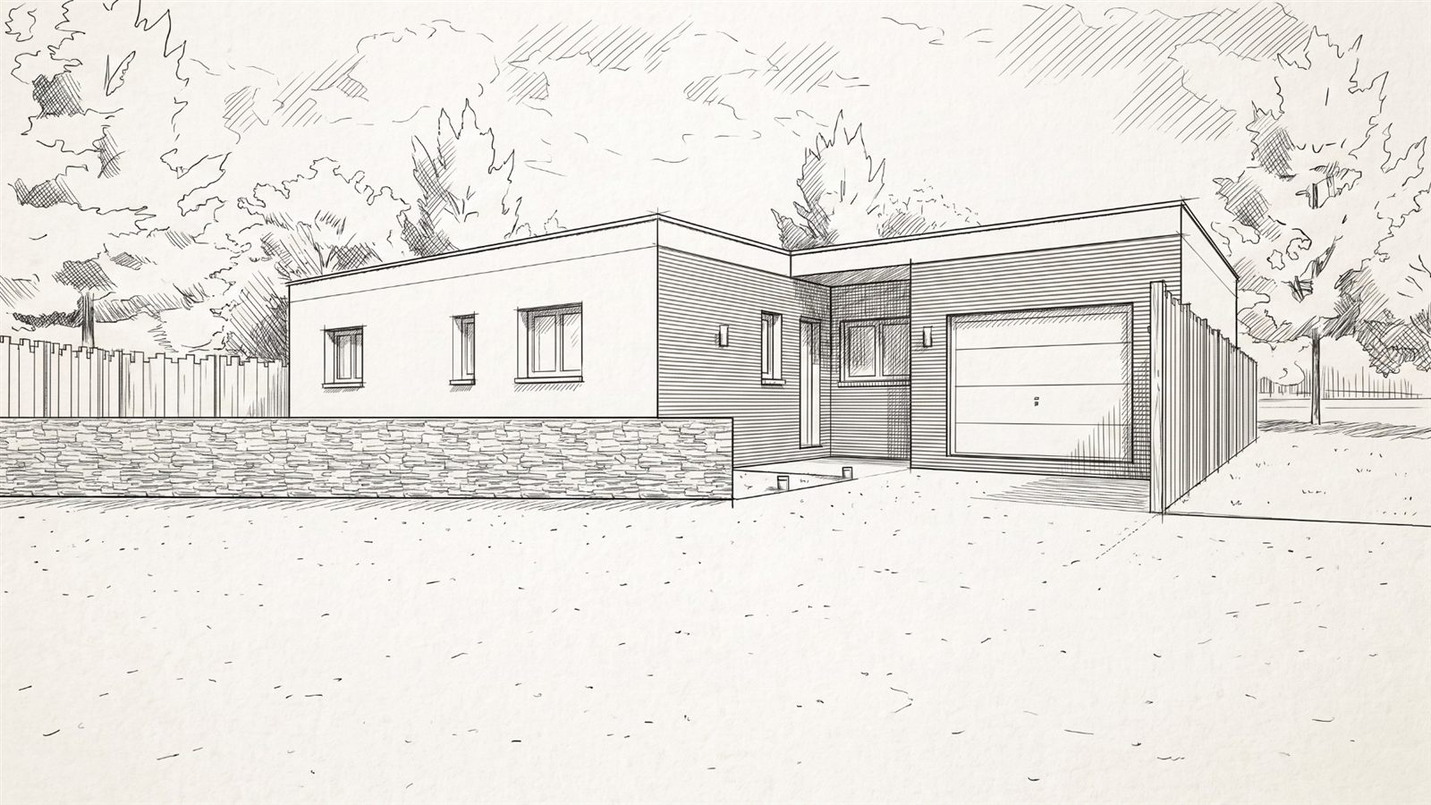 Maison de plain-pied contemporaine à toit plat avec garage