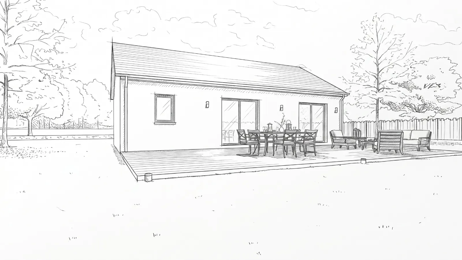 Croquis de la maison plain-pied à Pornic : façade arrière, terrasse et baies vitrées sur le jardin