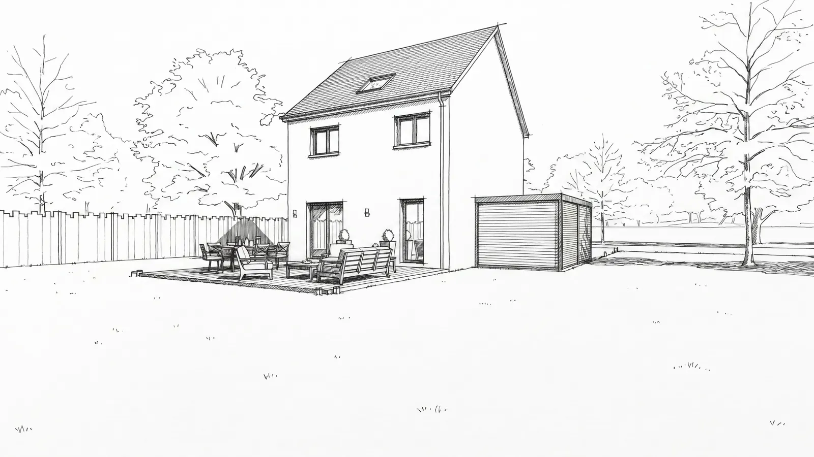 Croquis de la maison R+1 + combles à Vertou : façade arrière, terrasse et combles aménagés