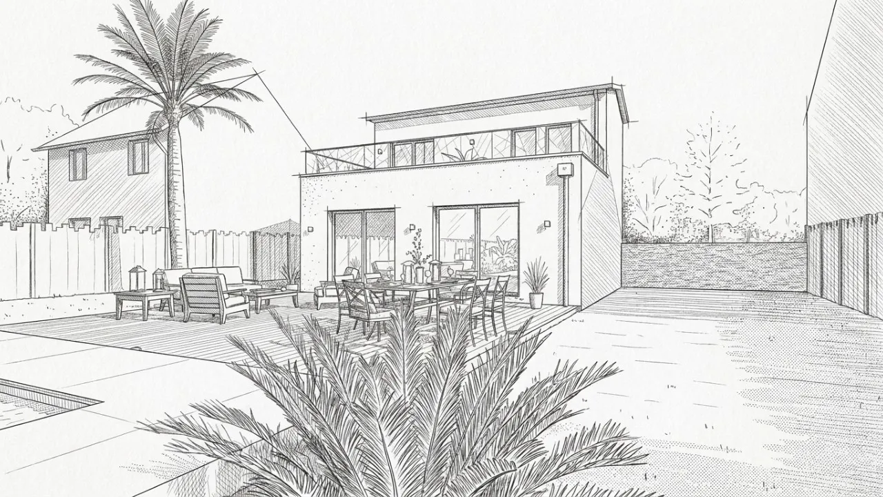 Croquis de la maison R+1 à Rezé : façade arrière, terrasse, balcon et grandes baies vitrées