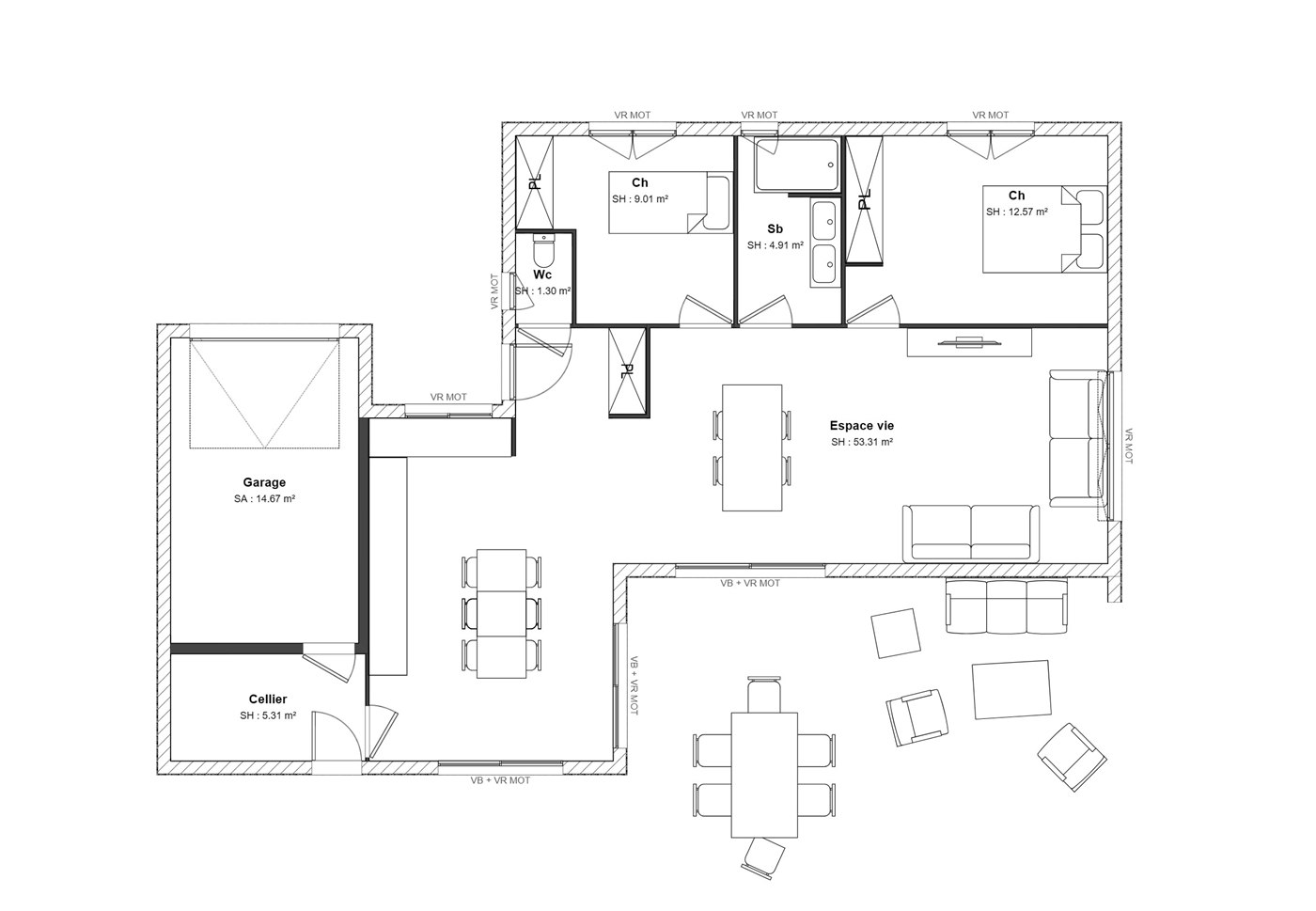 Plan 2D d'une maison de plain-pied d'environ 110 m² avec garage et cellier